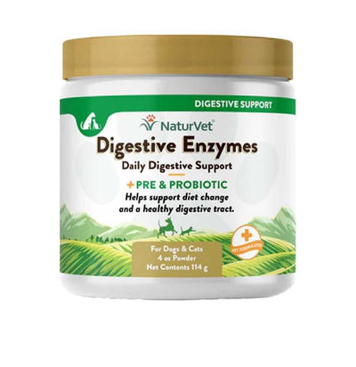 NaturVet Digestive Enzymes Powder for dogs and cats, 8oz, with pre and probiotics for digestive health support.