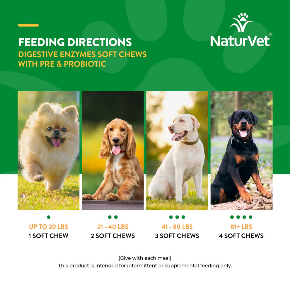 NaturVet digestive enzymes soft chews for dogs with feeding direction chart on a green background