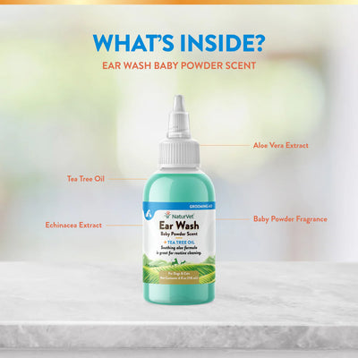 Bottle of ear wash with ingredients labeled on a light background