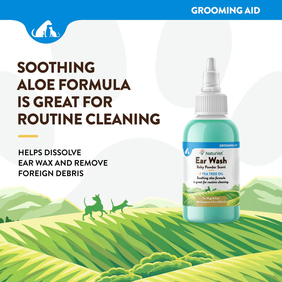 NaturVet Ear Wash bottle with text about soothing aloe formula for routine cleaning on a scenic background.