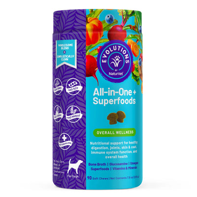 Evolutions NaturVet All-in-One Superfoods package for dogs on a white background