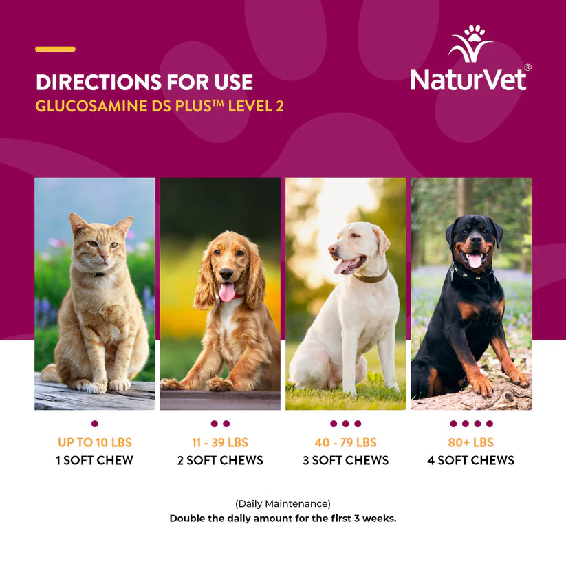 NaturVet Glucosamine DS Plus Level 2 directions for use with images of cats and dogs.