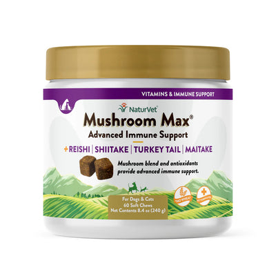 NaturVet Mushroom Max Advanced Immune Support jar with a gold lid on a white background