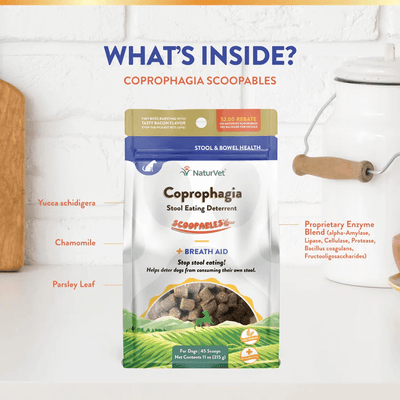NaturVet Coprophagia Stool Eating Deterrent 11oz packaging with ingredients like Yucca and Chamomile for stool management.