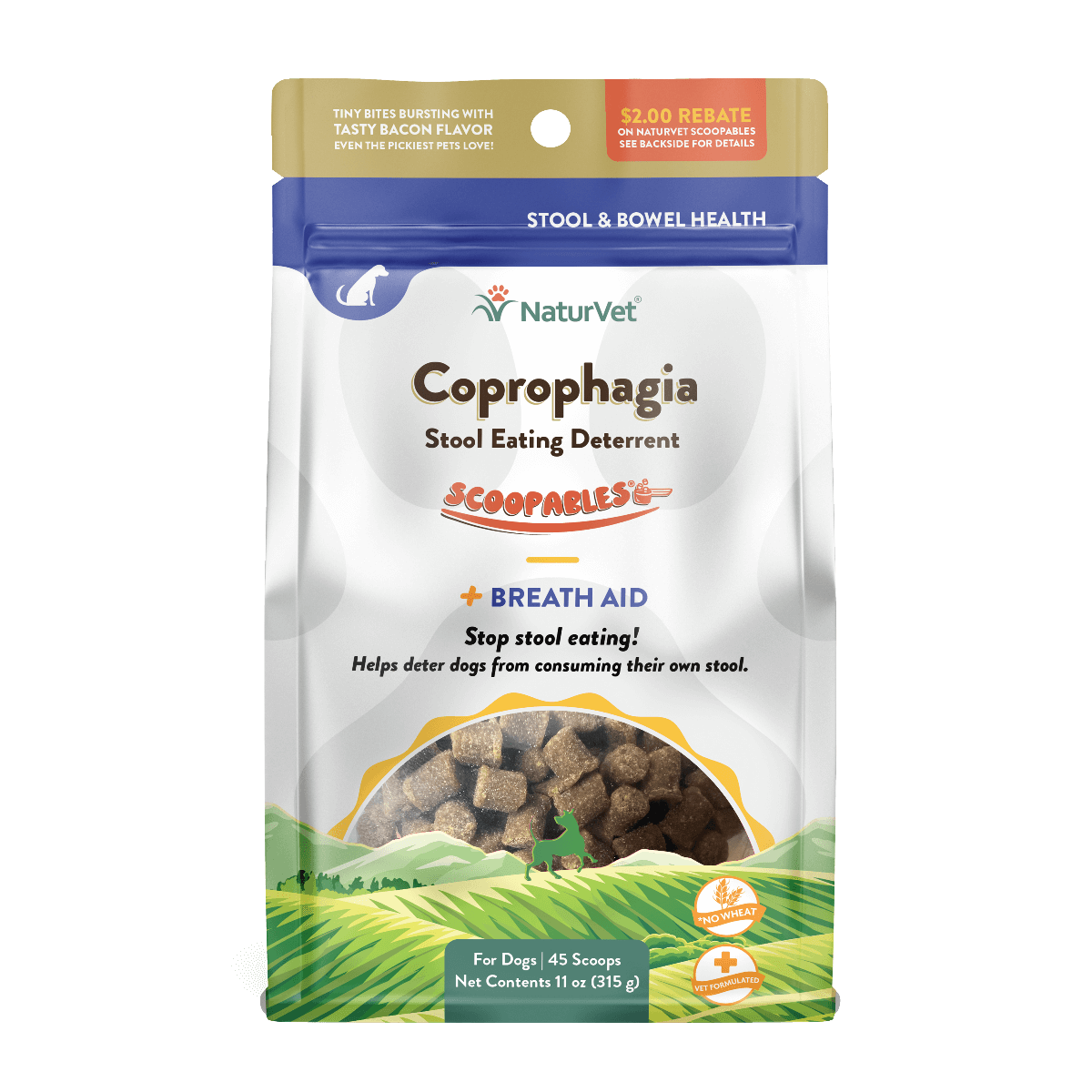 NaturVet Coprophagia Stool Eating Deterrent Scoopables, 11oz, bacon-flavored, aids digestion and freshens breath for dogs.