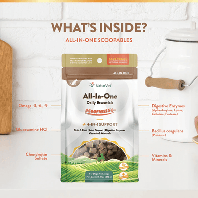NaturVet All-In-One Scoopables dog supplement bag with 4-in-1 support benefits for digestive health and joint mobility.