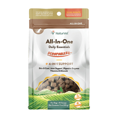 NaturVet All-In-One Daily Essentials scoopables dog supplement packaging with 4-in-1 support for health and wellness.
