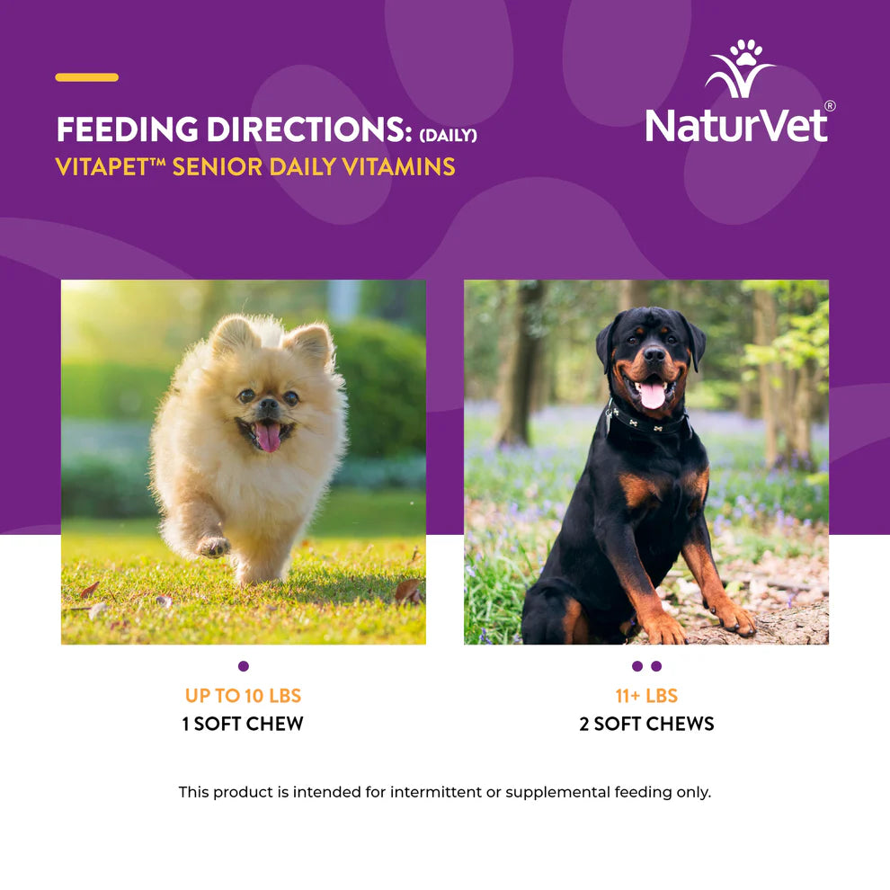NaturVet Vitapet Senior Daily Vitamins feeding directions with two dogs on a purple background