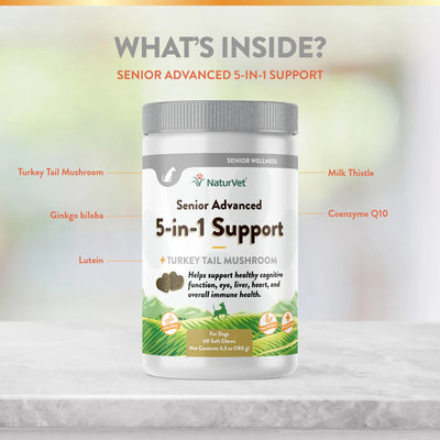 NaturVet Senior Advanced 5-in-1 Support supplement bottle with labeled ingredients on a light background
