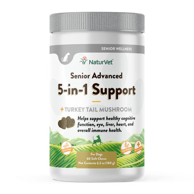 NaturVet Senior Advanced 5-in-1 Support supplement container on a white background