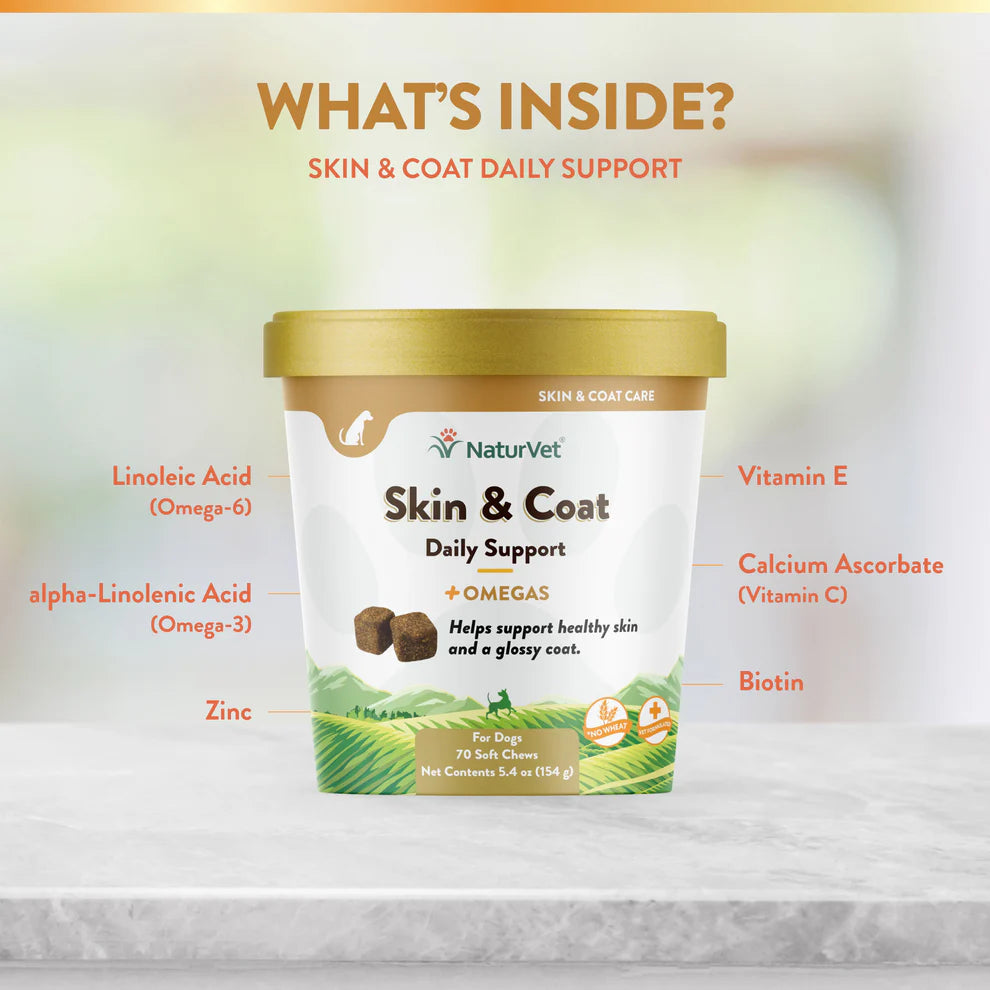 NaturVet Skin & Coat Daily Support product packaging with ingredients listed on a white background.