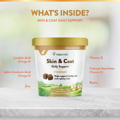 NaturVet Skin & Coat Daily Support product packaging with ingredients listed on a white background.