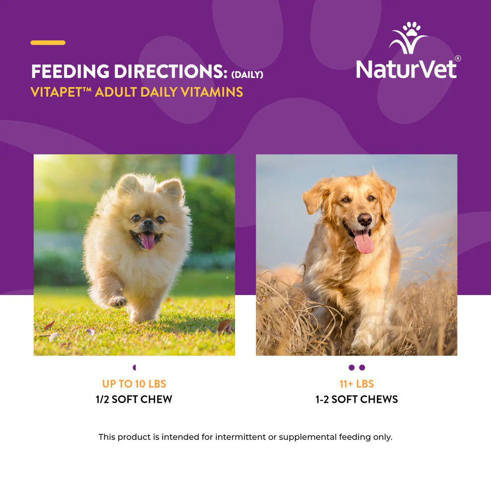 NaturVet Vitapet Adult Daily Vitamins feeding directions with two dogs on a purple background
