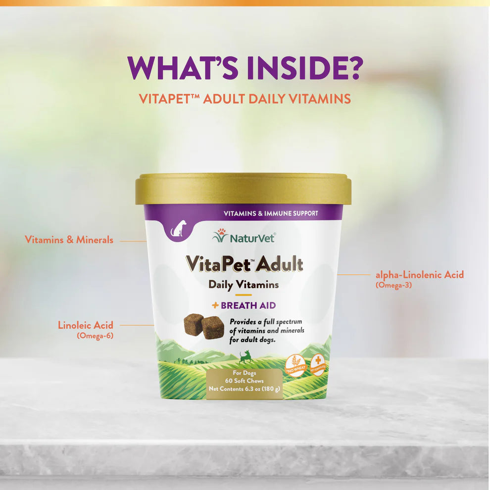 NaturVet VitaPet Adult Daily Vitamins container on a light background