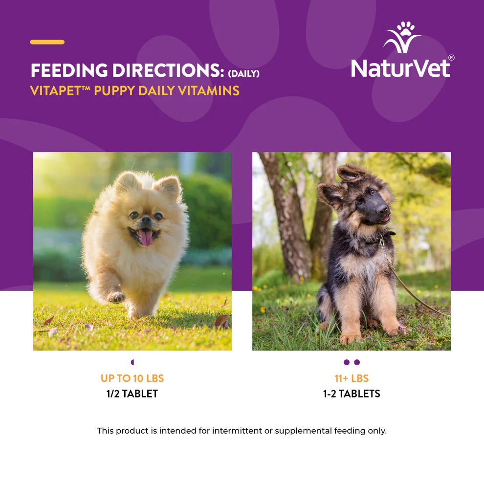 NaturVet Vitapet Puppy Daily Vitamins feeding directions with two dogs on a purple background