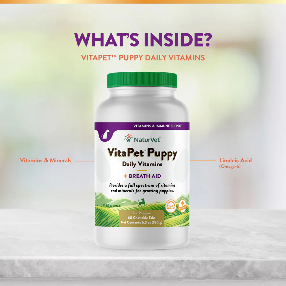 VitaPet Puppy Daily Vitamins bottle with a colorful label on a white background