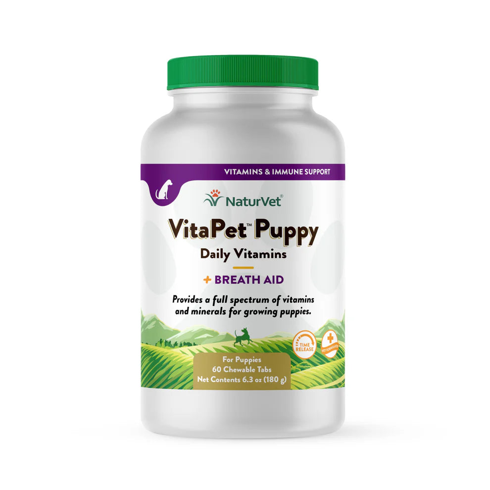 NaturVet VitaPet Puppy Daily Vitamins bottle on a white background