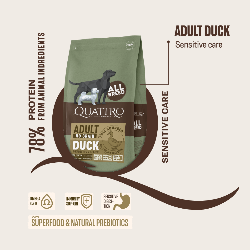 Quattro Duck No Grain Dry Dog Food packaging showcasing adult formula for all breeds with high-protein and sensitive care attributes.