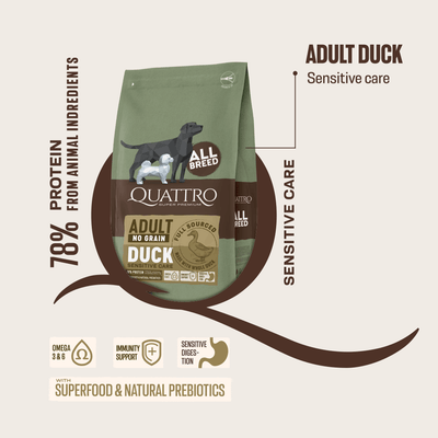 Quattro Duck No Grain Dry Dog Food packaging showcasing adult formula for all breeds with high-protein and sensitive care attributes.