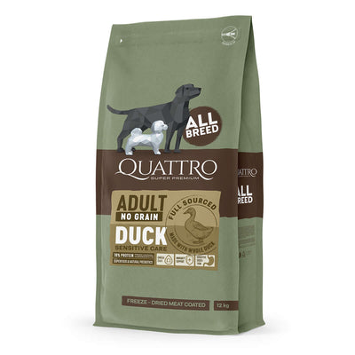 Quattro Duck No Grain Dry Dog Food bag for adult all breeds, featuring freeze-dried meat coating technology.