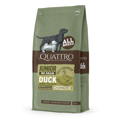 Quattro Junior No Grain Dry Dog Food with Duck for All Breeds - Freeze-Dried Meat Coated Kibble, 12 kg.