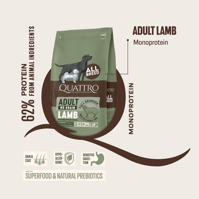 Quattro Lamb No Grain Dry Dog Food bag featuring 62% animal protein, hypoallergenic, and designed for sensitive digestion.