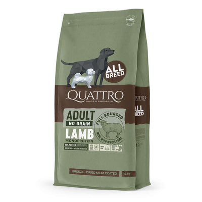 Quattro Lamb No Grain Dry Dog Food for Adult All Breeds, freeze-dried meat coated kibble, 12 kg bag.