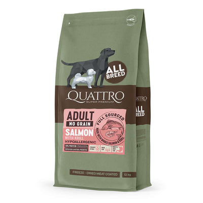 Quattro Salmon No Grain Dry Dog Food bag for adult dogs, featuring freeze-dried meat coating and hypoallergenic formula.