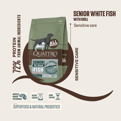 Quattro Senior Whitefish & Krill No Grain Dry Dog Food bag, featuring sensitive care and nutrition for all breeds.