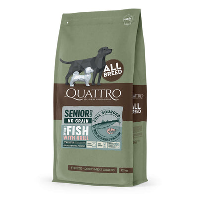 Quattro Whitefish & Krill No Grain Dry Dog Food for seniors, featuring freeze-dried meat coating and premium marine proteins.