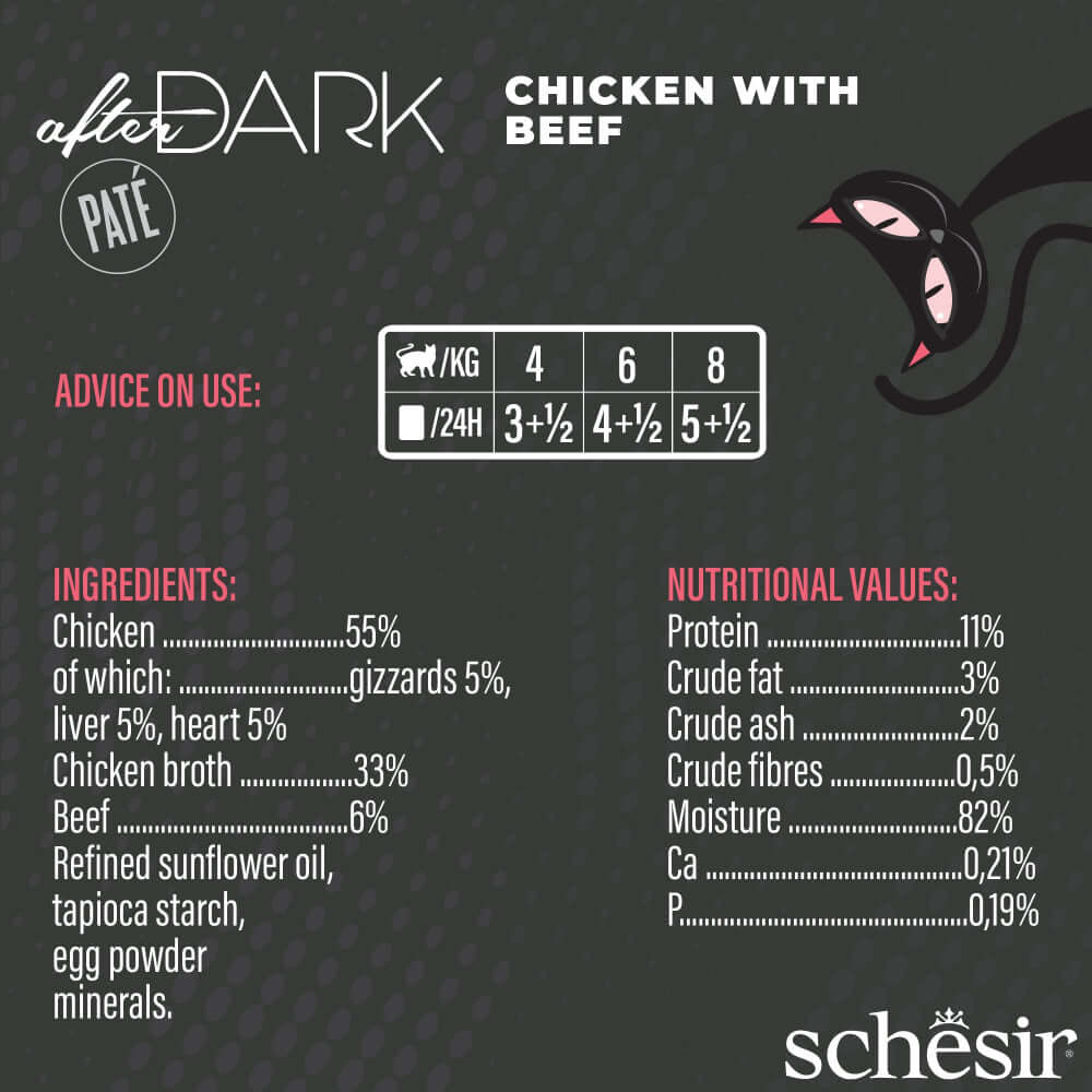 Schesir After Dark Pate Chicken with Beef canned cat food ingredients and nutritional values chart.