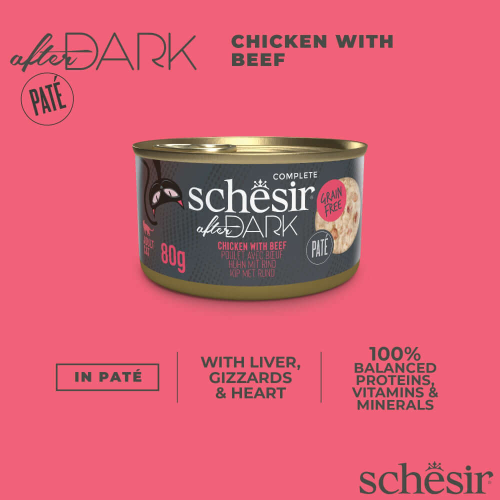 Schesir After Dark Pate Canned Cat Food Chicken with Beef 80g grain-free nutrition rich in proteins and vitamins.