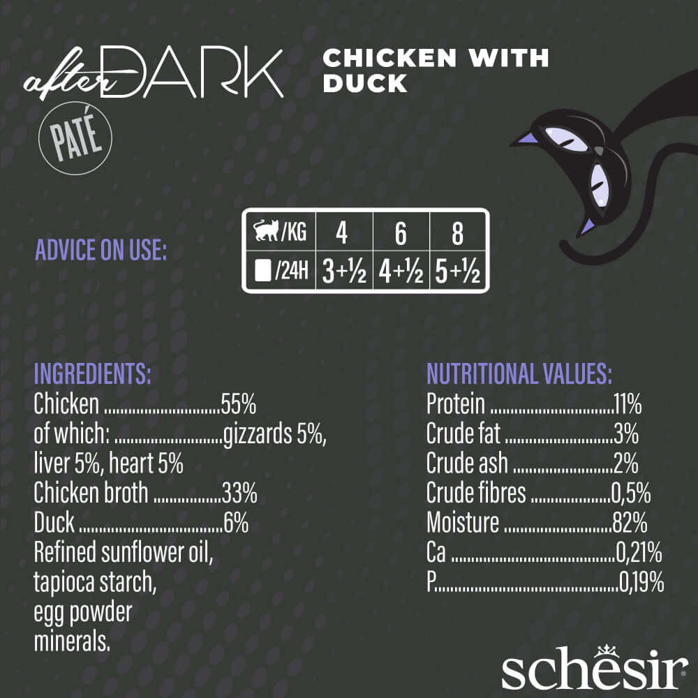 Schesir After Dark Pate Chicken with Duck nutritional info and ingredient breakdown for cat food.