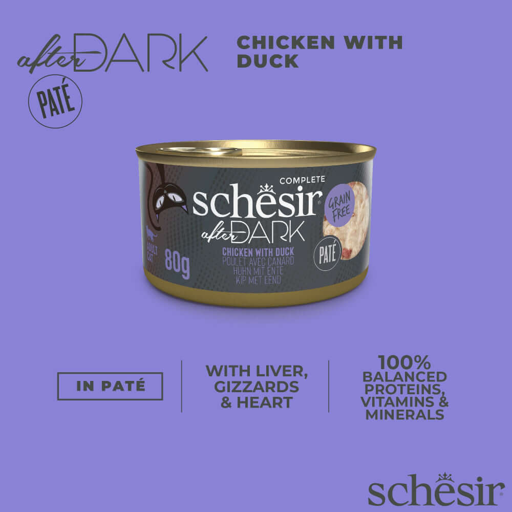 Schesir After Dark Pate Canned Cat Food - Chicken with Duck, 80g, rich in proteins, vitamins, and minerals.