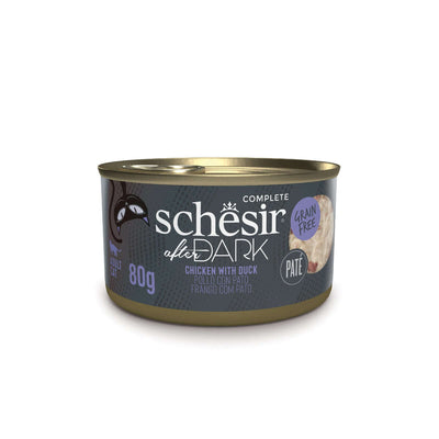 Schesir After Dark Pate Canned Cat Food with Chicken and Duck, 80g, grain-free, high-protein gourmet meal for cats.