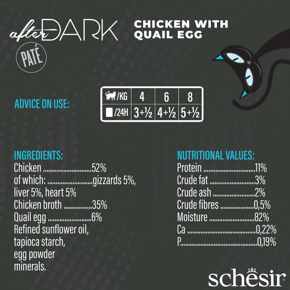 Schesir After Dark Chicken with Quail Egg canned cat food nutritional values and ingredients chart.
