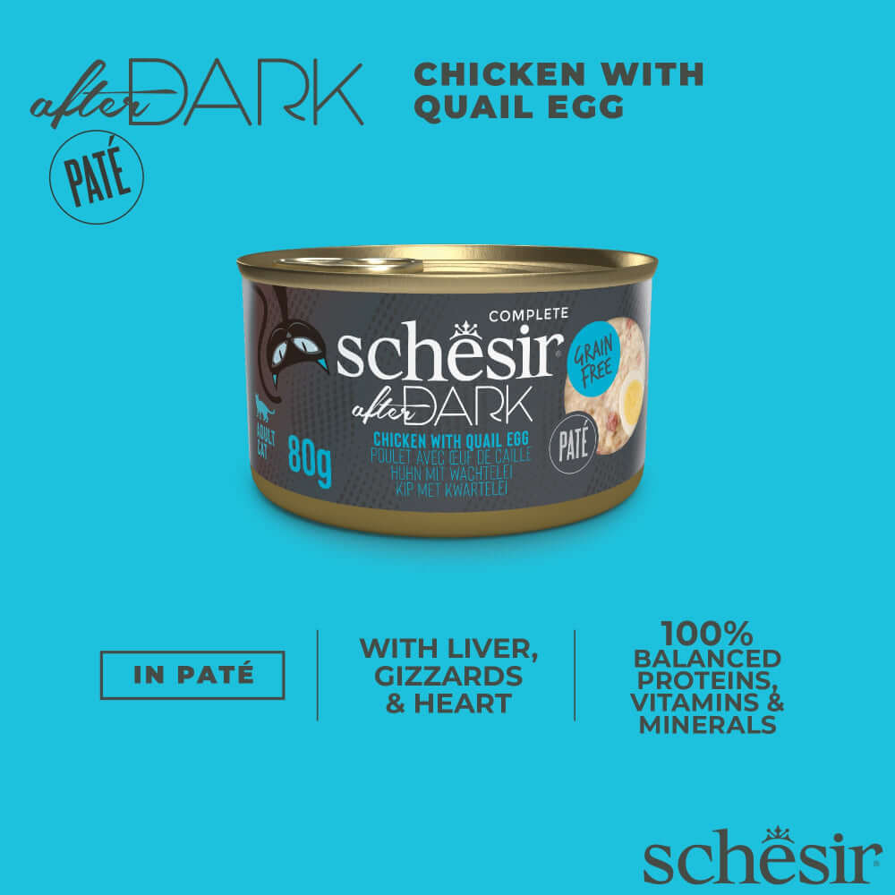 Schesir After Dark Chicken with Quail Egg canned cat food, 80g, grain-free pate with liver, gizzards, and heart.