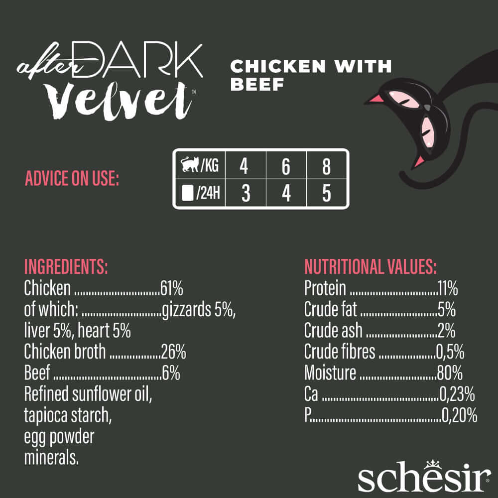 Nutritional information and ingredients for Schesir After Dark Velvet Mousse Cat Food with Chicken and Beef.