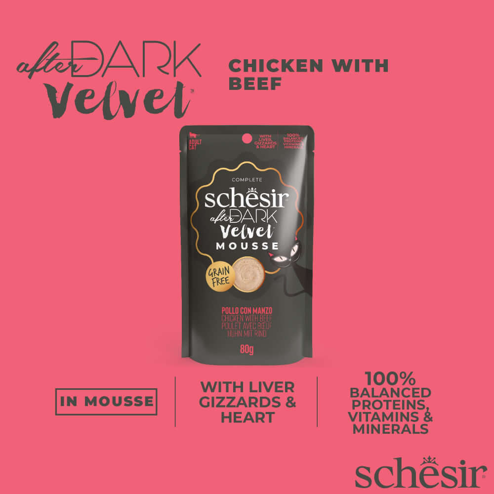 Schesir After Dark Velvet Mousse Cat Food Pouch - Chicken with Beef, grain-free, 80g, packed with proteins and vitamins.