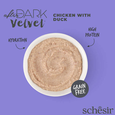 Bowl of Schesir After Dark Velvet Mousse Cat Food - Chicken with Duck, highlighting high protein and grain-free formula.