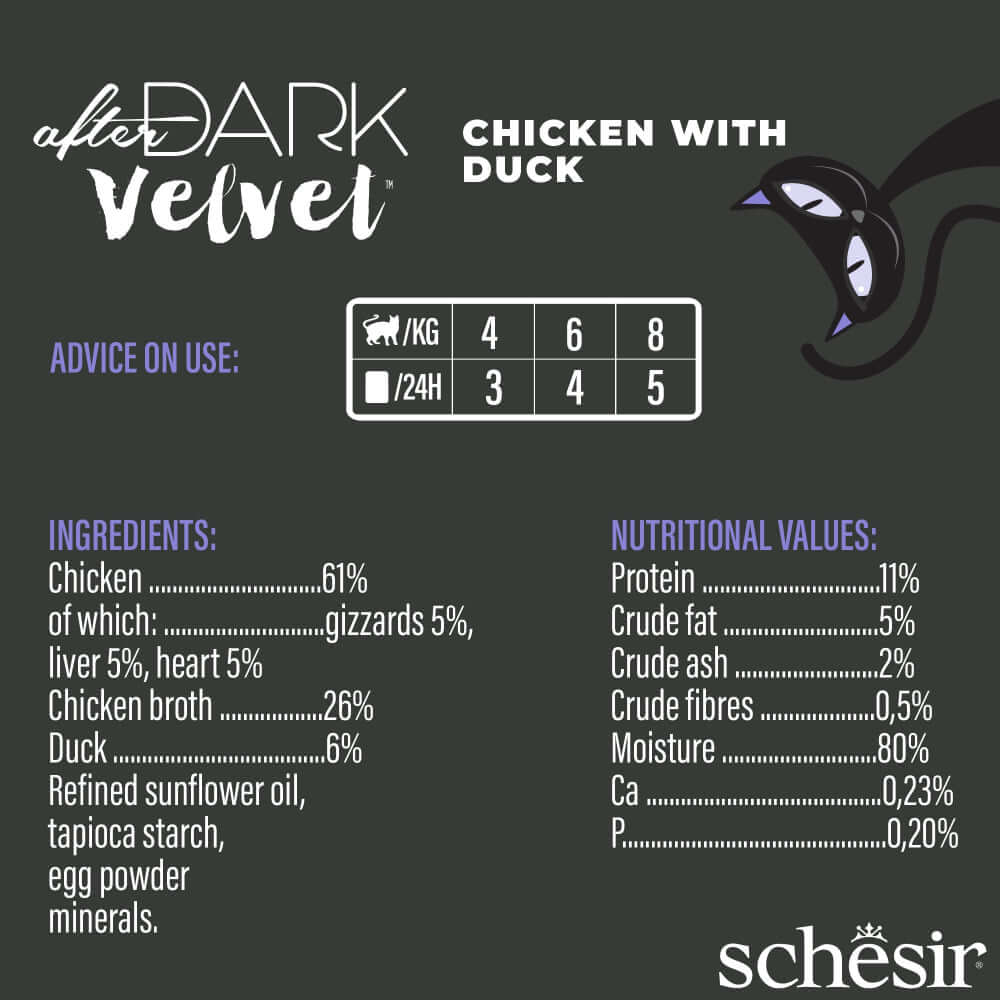 Schesir After Dark Velvet Mousse Cat Food ingredients and nutritional values for Chicken with Duck.