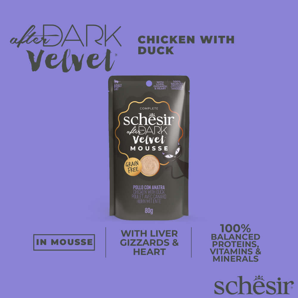 Schesir After Dark Velvet Mousse Cat Food Pouch - Chicken with Duck, grain-free, high-protein, 80g.