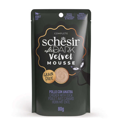 Schesir After Dark Velvet Mousse Cat Food - Chicken with Duck Pouch, 80g, grain-free protein-rich meal for cats.