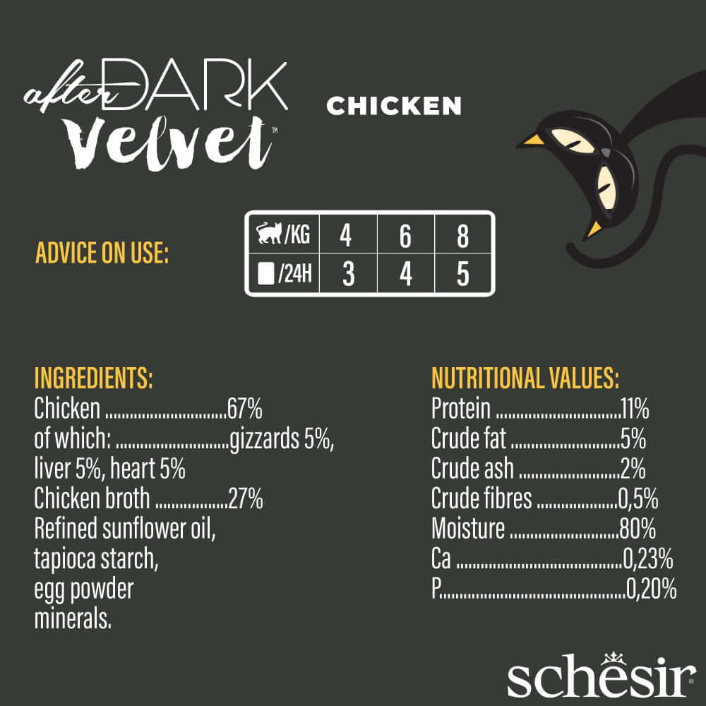 Schesir After Dark Velvet Mousse Cat Food ingredients and nutritional values for chicken flavor in a 80g pouch.
