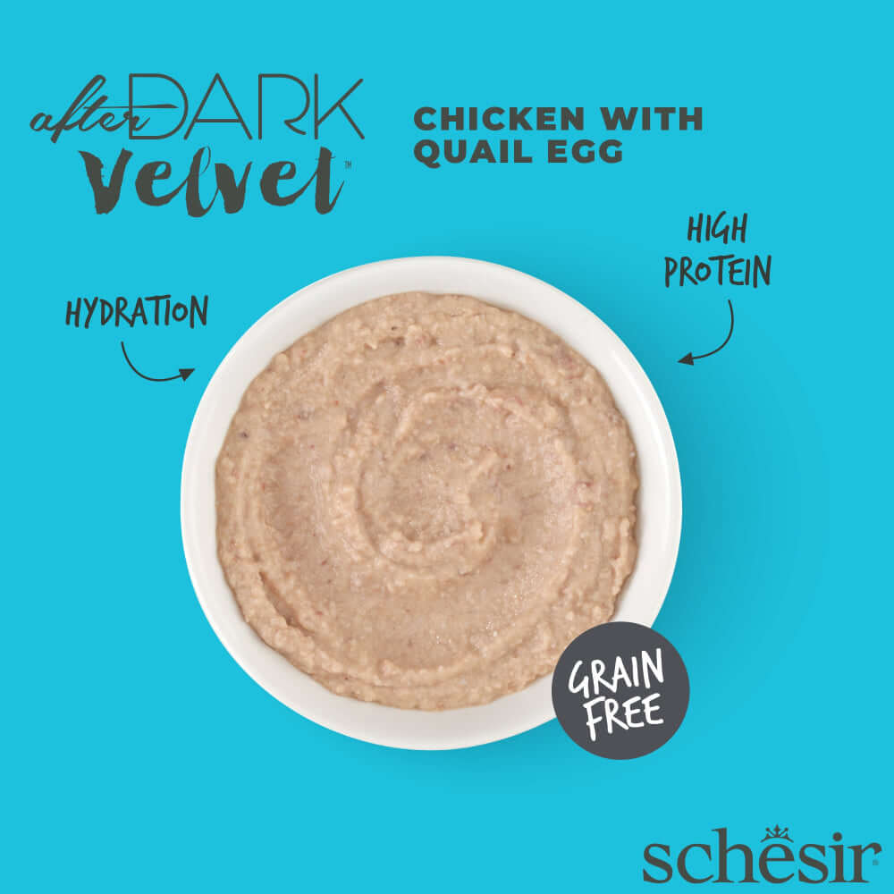 Schesir After Dark Velvet Mousse Cat Food - Chicken with Quail Egg, grain-free, high protein, hydrating texture.