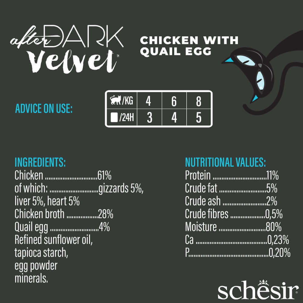 Schesir After Dark Velvet Mousse Cat Food Chicken with Quail Egg ingredients and nutritional information chart.