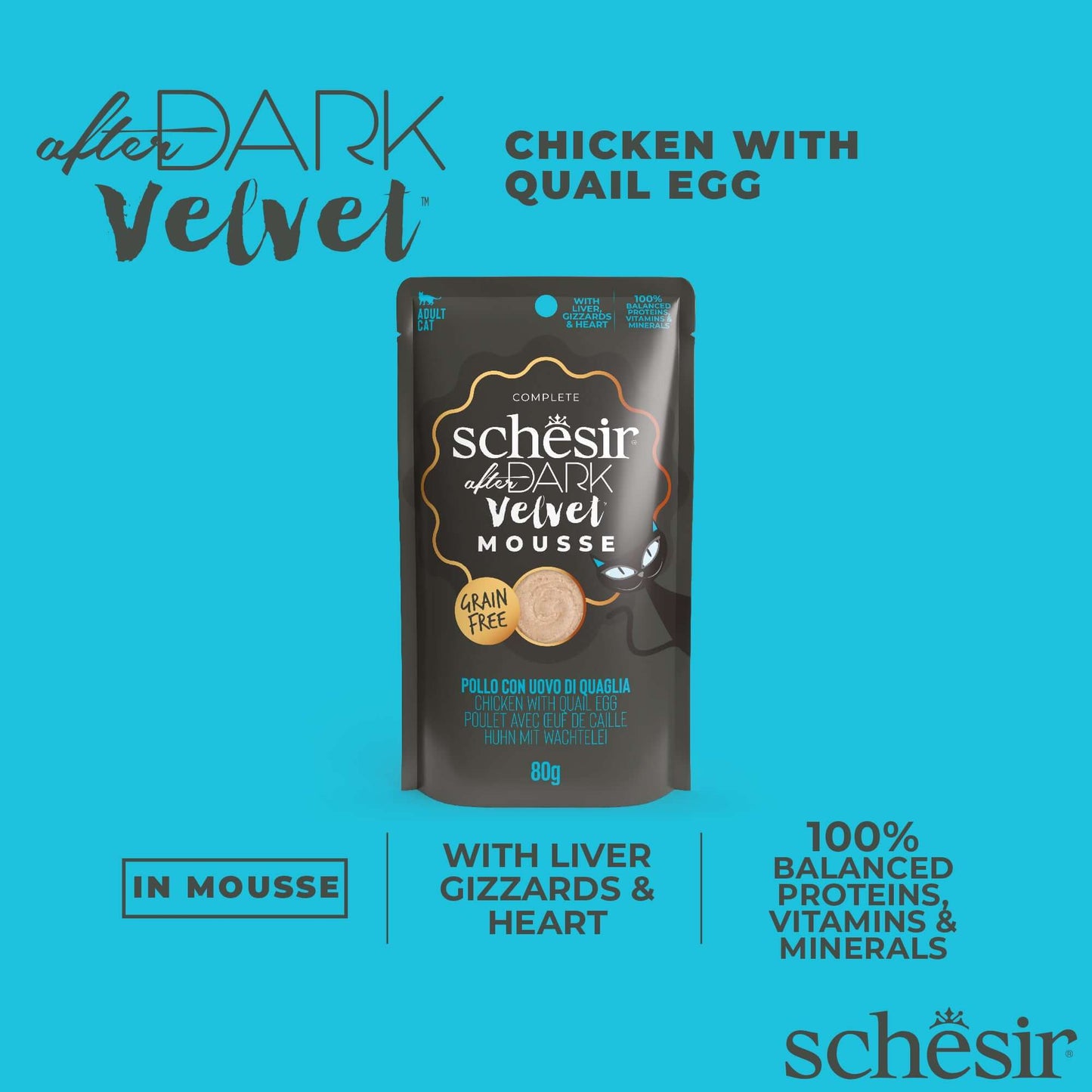 Schesir After Dark Velvet Mousse Cat Food Pouch - Chicken with Quail Egg, 80g, grain-free, with liver and gizzard.