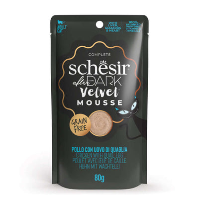 Schesir After Dark Velvet Mousse Cat Food Pouch - Chicken with Quail Egg, 80g, grain-free gourmet nutrition for cats.