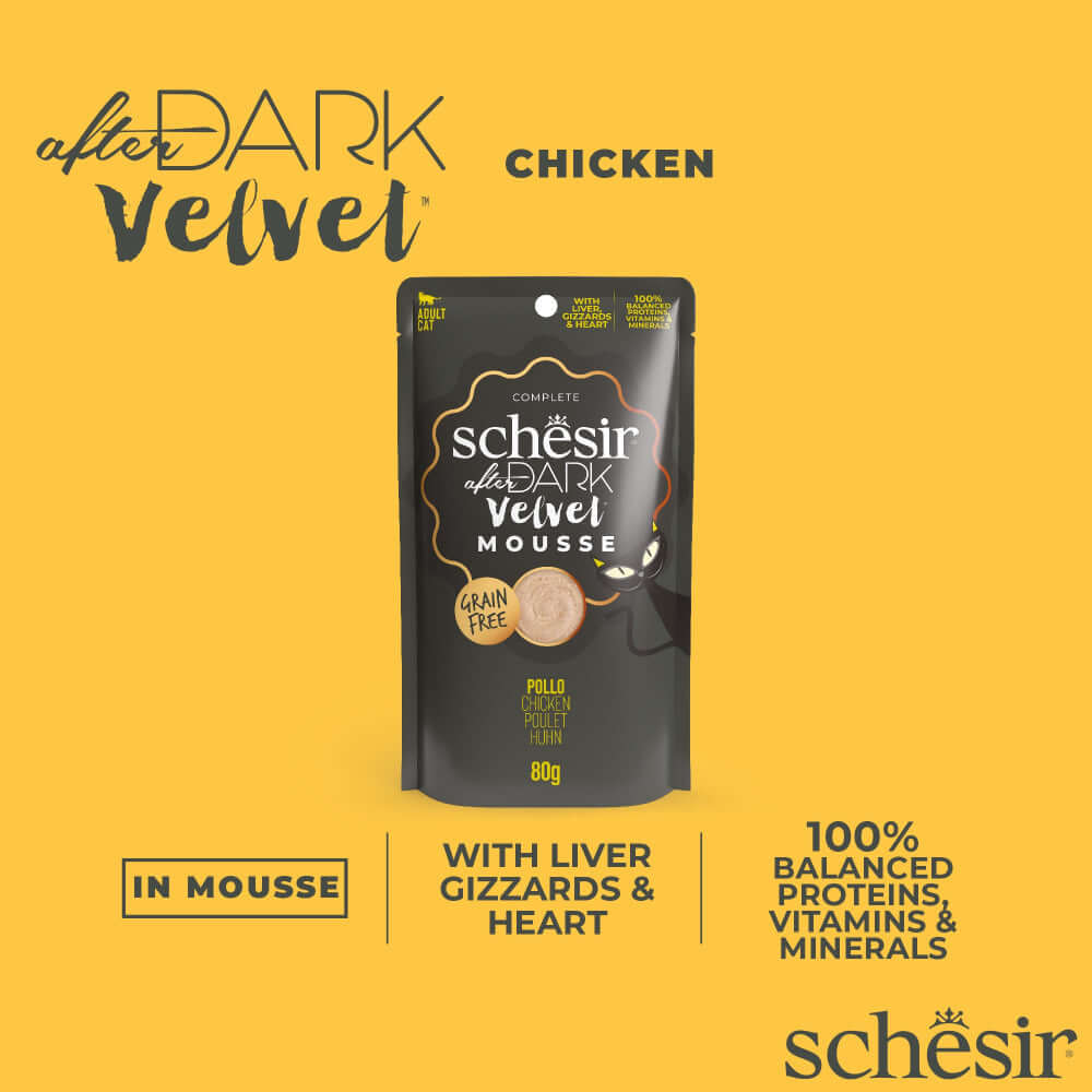 Schesir After Dark Velvet Mousse Chicken cat food pouch, grain-free, 80g, with liver and gizzards, rich in proteins and vitamins.