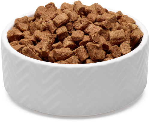 White bowl filled with soulmate freeze-dried dog food on a white background